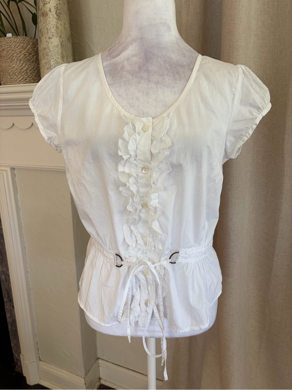 Burberry White Ruffle-Trim Short Sleeve Drawstring Blouse